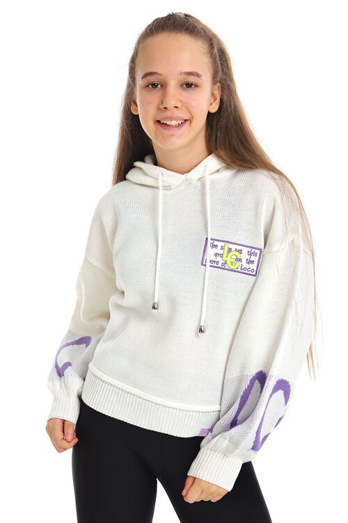 Kız Çocuk Yazı Nakışlı Yün Örme Triko Sweatshirt 14186