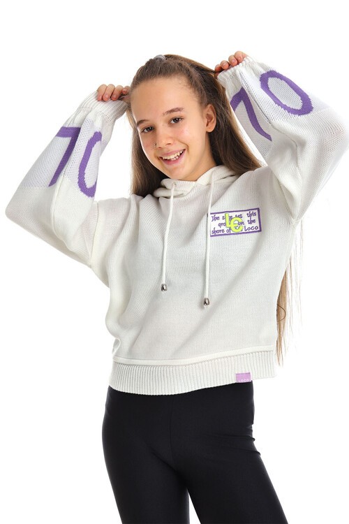 Kız Çocuk Yazı Nakışlı Yün Örme Triko Sweatshirt 14186