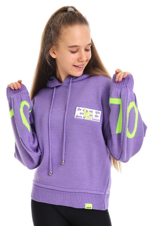 Kız Çocuk Yazı Nakışlı Yün Örme Triko Sweatshirt 14186