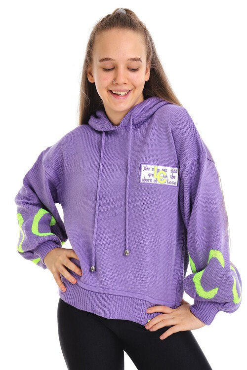 Kız Çocuk Yazı Nakışlı Yün Örme Triko Sweatshirt 14186