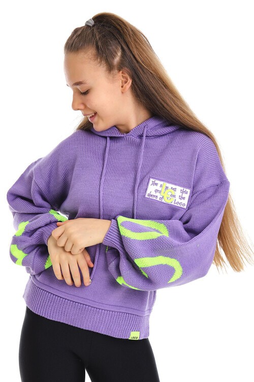 Kız Çocuk Yazı Nakışlı Yün Örme Triko Sweatshirt 14186