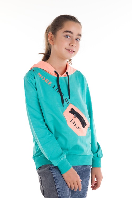 Kız Çocuk Like Yazı Baskılı Çantalı Kapşonlu Sweatshirt 14181