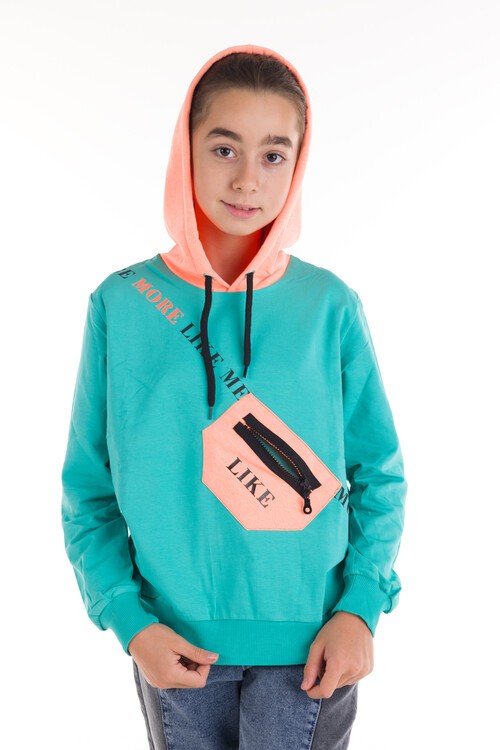 Kız Çocuk Like Yazı Baskılı Çantalı Kapşonlu Sweatshirt 14181