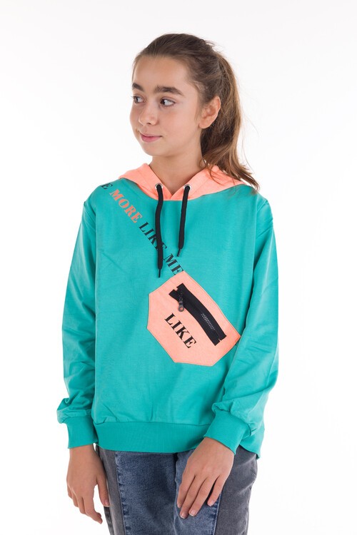 Kız Çocuk Like Yazı Baskılı Çantalı Kapşonlu Sweatshirt 14181