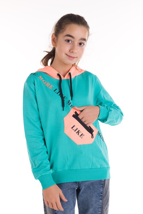 Kız Çocuk Like Yazı Baskılı Çantalı Kapşonlu Sweatshirt 14181