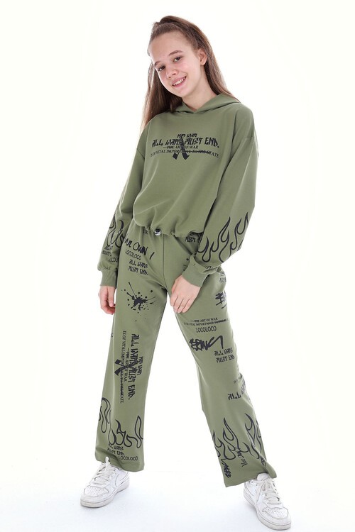 Kız Çocuk Yazı Baskılı Detaylı 2li Eşofman Takımı 14123