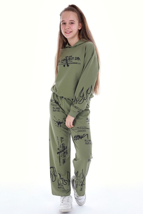 Kız Çocuk Yazı Baskılı Detaylı 2li Eşofman Takımı 14123