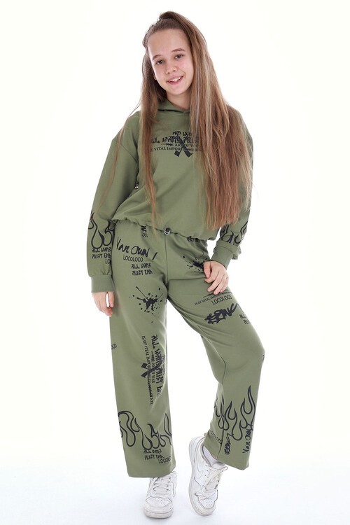 Kız Çocuk Yazı Baskılı Detaylı 2li Eşofman Takımı 14123