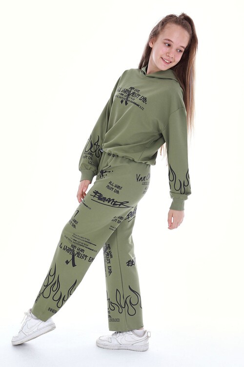 Kız Çocuk Yazı Baskılı Detaylı 2li Eşofman Takımı 14123