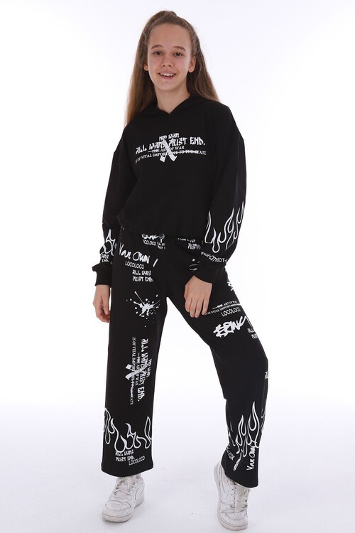 Kız Çocuk Yazı Baskılı Detaylı 2li Eşofman Takımı 14123