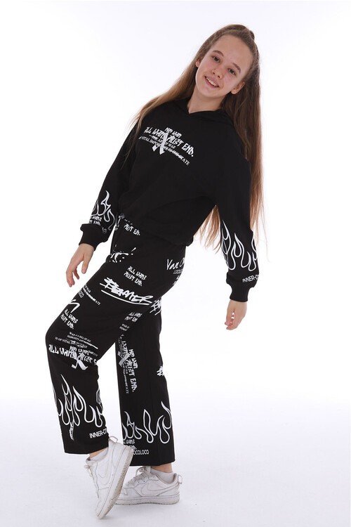 Kız Çocuk Yazı Baskılı Detaylı 2li Eşofman Takımı 14123