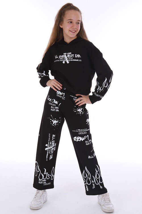 Kız Çocuk Yazı Baskılı Detaylı 2li Eşofman Takımı 14123