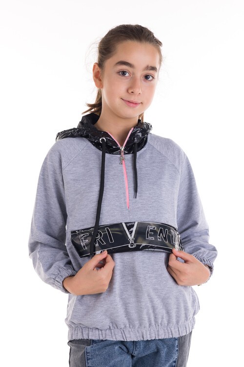 Kız Çocuk Paraşütlü Fermuarlı Kapşonlu Sweatshirt 14179