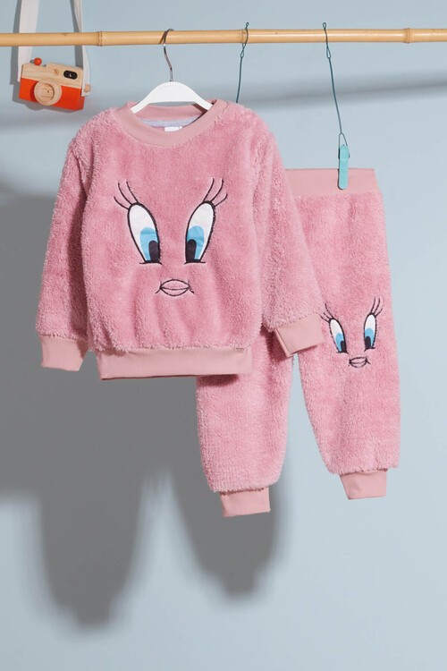 Sarı Civciv Nakışlı Peluş Kız Çocuk Eşofman Takımı Welsoft 13310