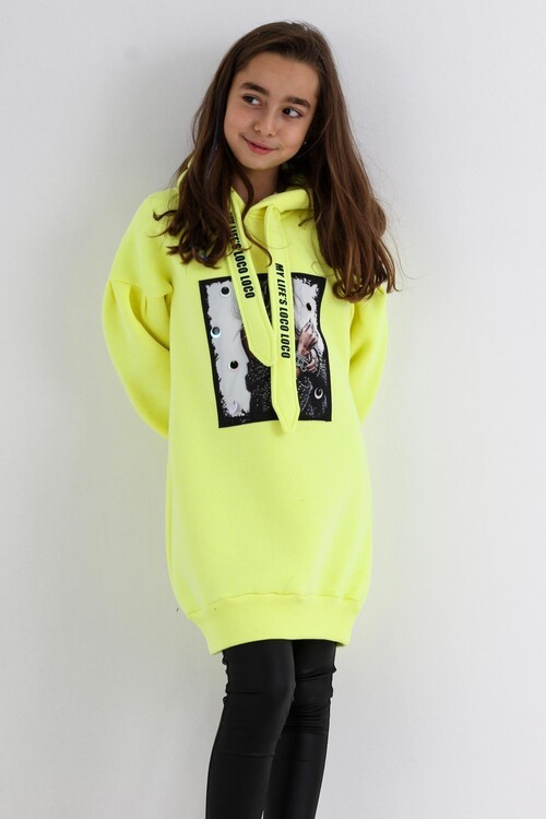 Kız Çocuk Pul Detaylı Kapşonlu Sweatshirt 14136