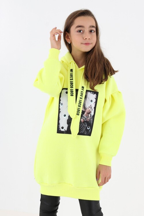 Kız Çocuk Pul Detaylı Kapşonlu Sweatshirt 14136