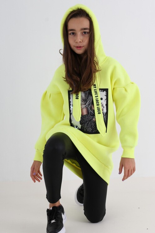 Kız Çocuk Pul Detaylı Kapşonlu Sweatshirt 14136