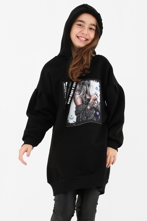 Kız Çocuk Pul Detaylı Kapşonlu Sweatshirt 14136