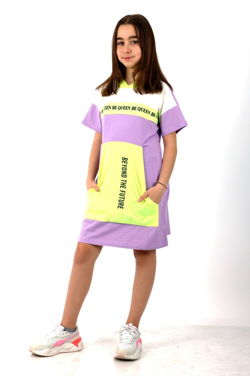 Kız Çocuk Queen Baskılı Kapşonlu Elbise 10-15 Yaş 13877