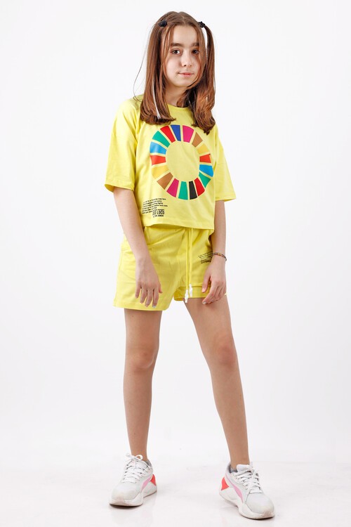 Kız Çocuk Renkli Baskılı Şortlu Takım  10-15 Yaş 13855