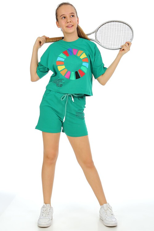 Kız Çocuk Renkli Baskılı Şortlu Takım  10-15 Yaş 13855