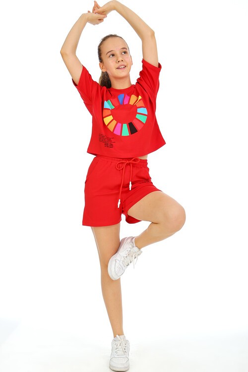 Kız Çocuk Renkli Baskılı Şortlu Takım  10-15 Yaş 13855