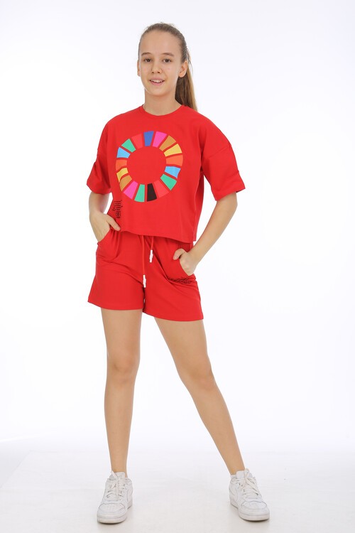 Kız Çocuk Renkli Baskılı Şortlu Takım  10-15 Yaş 13855