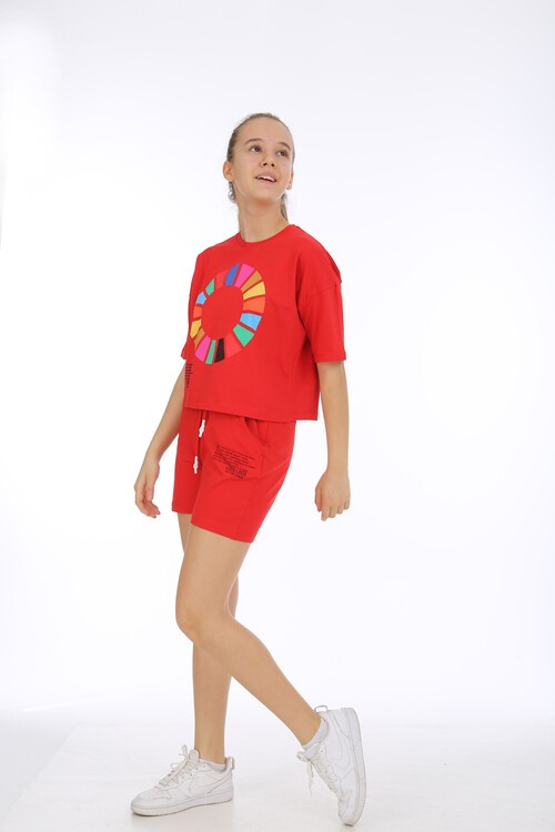 Kız Çocuk Renkli Baskılı Şortlu Takım  10-15 Yaş 13855