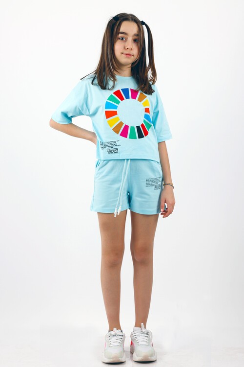 Kız Çocuk Renkli Baskılı Şortlu Takım  10-15 Yaş 13855