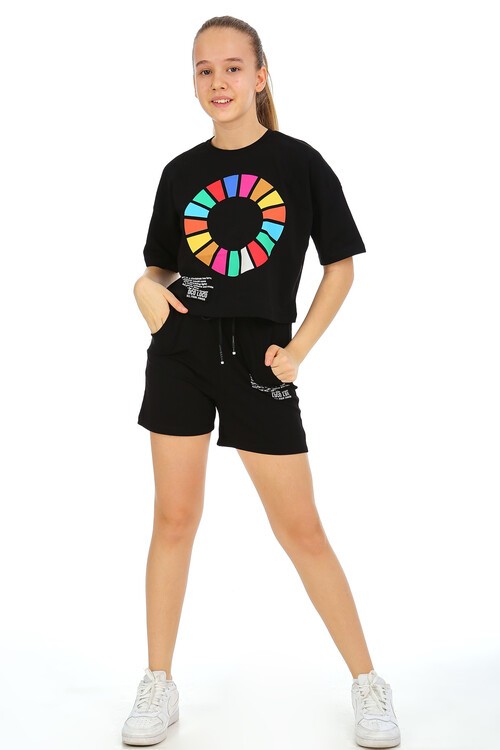 Kız Çocuk Renkli Baskılı Şortlu Takım  10-15 Yaş 13855