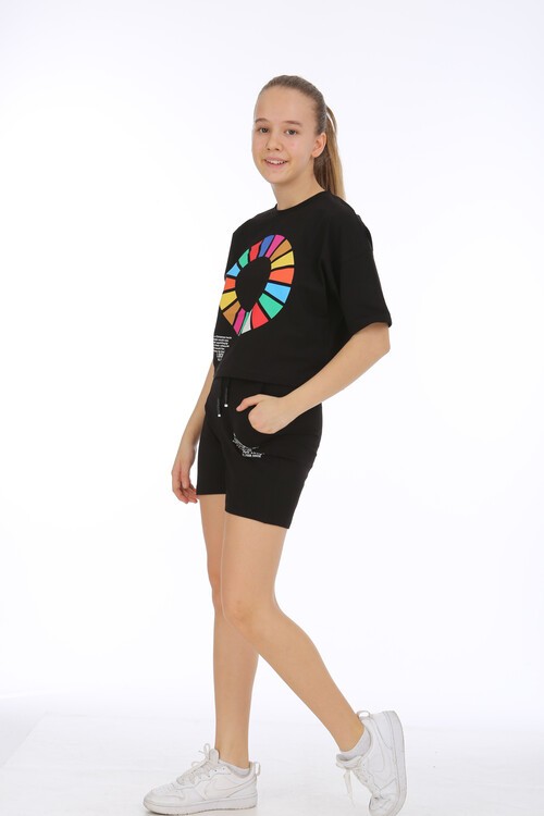 Kız Çocuk Renkli Baskılı Şortlu Takım  10-15 Yaş 13855