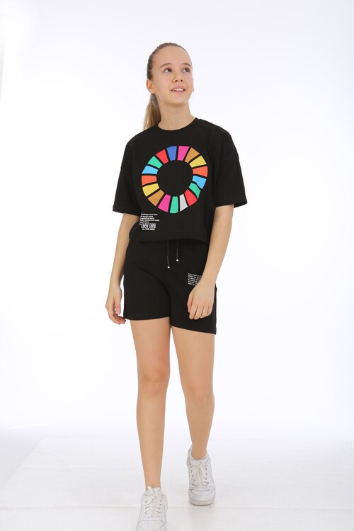 Kız Çocuk Renkli Baskılı Şortlu Takım  10-15 Yaş 13855