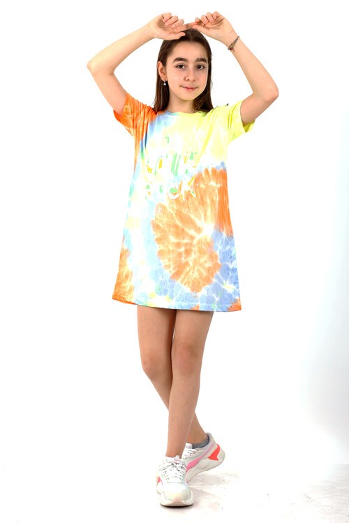 Kız Çocuk Rock Baskılı Batik Tunik Elbise 10-15 Yaş 13947