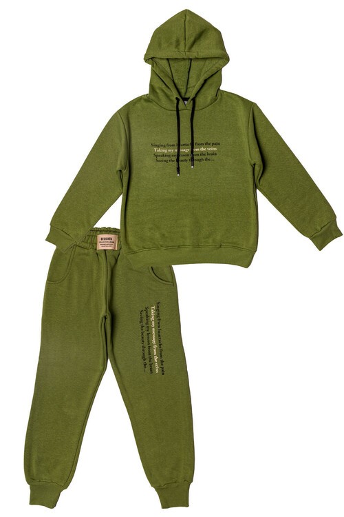 Kız Çocuk Renkli Yazı Baskılı Kapüşonlu 3 İplik Şardonlu Eşofman Takımı 14121