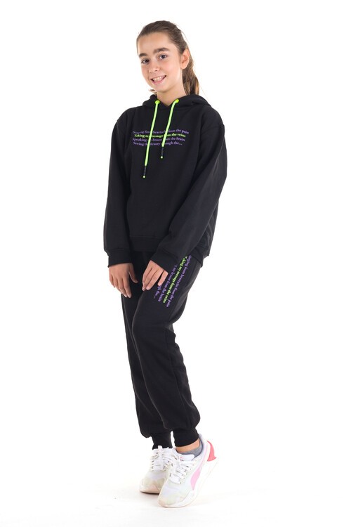 Kız Çocuk Renkli Yazı Baskılı Kapüşonlu 3 İplik Şardonlu Eşofman Takımı 14121