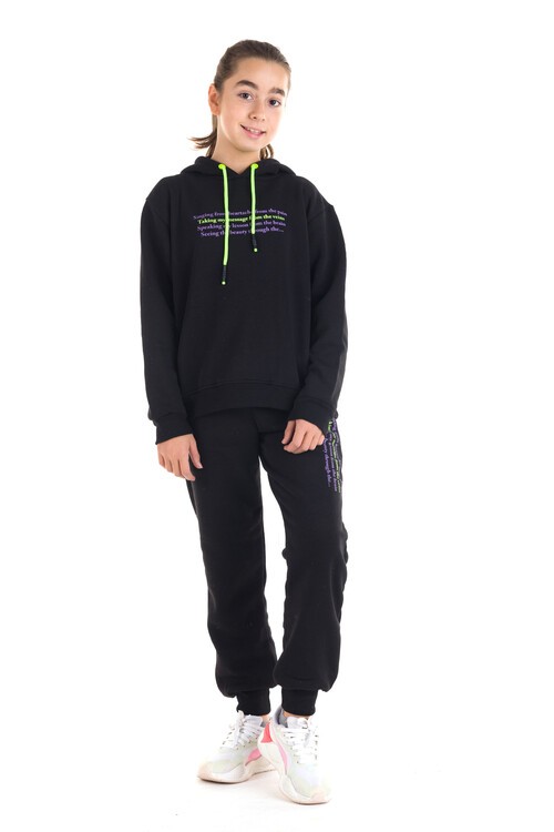 Kız Çocuk Renkli Yazı Baskılı Kapüşonlu 3 İplik Şardonlu Eşofman Takımı 14121