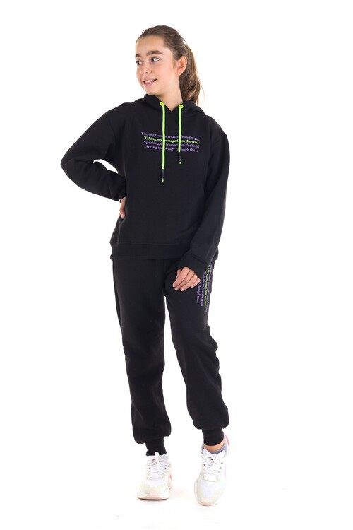 Kız Çocuk Renkli Yazı Baskılı Kapüşonlu 3 İplik Şardonlu Eşofman Takımı 14121