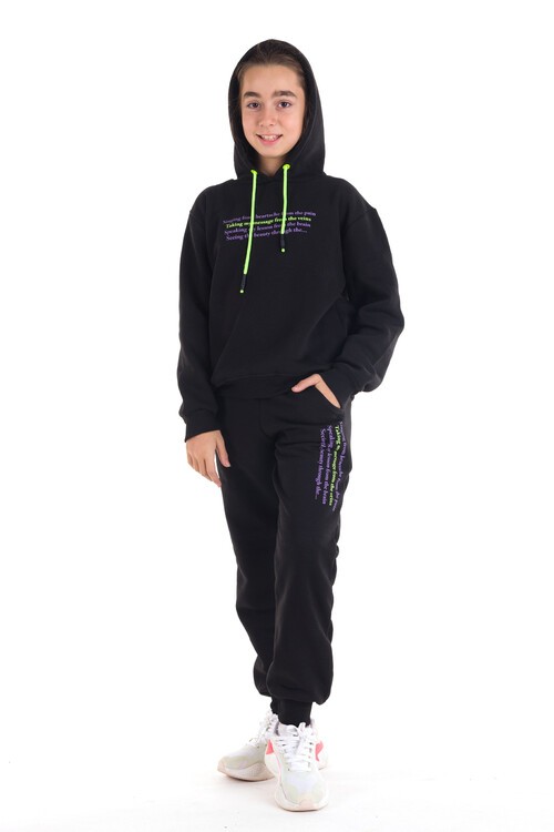 Kız Çocuk Renkli Yazı Baskılı Kapüşonlu 3 İplik Şardonlu Eşofman Takımı 14121