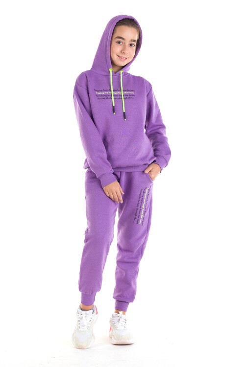 Kız Çocuk Renkli Yazı Baskılı Kapüşonlu 3 İplik Şardonlu Eşofman Takımı 14121