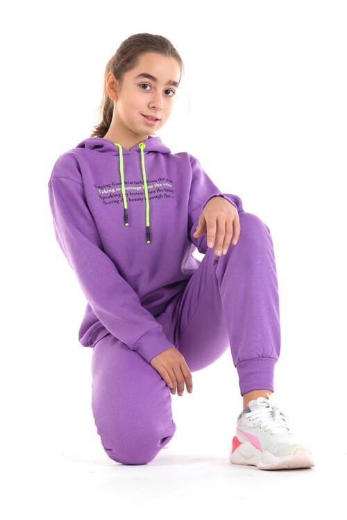 Kız Çocuk Renkli Yazı Baskılı Kapüşonlu 3 İplik Şardonlu Eşofman Takımı 14121