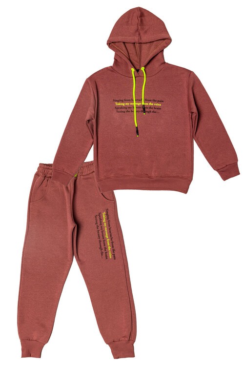 Kız Çocuk Renkli Yazı Baskılı Kapüşonlu 3 İplik Şardonlu Eşofman Takımı 14121