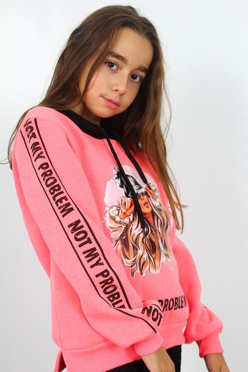 Kız Çocuk Taşlı Kolları Baskılı Kapşonlu Sweatshirt 14148