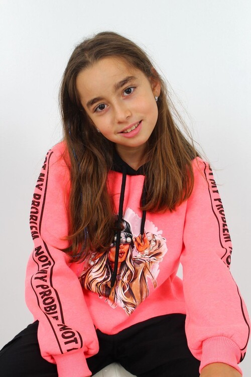 Kız Çocuk Taşlı Kolları Baskılı Kapşonlu Sweatshirt 14148