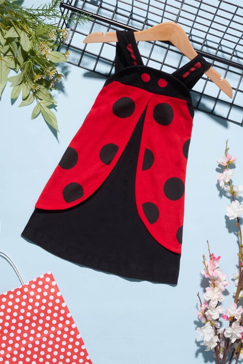 Kız Çocuk Uğur Böceği Detaylı Askılı Elbise 1-4 Yaş 14233