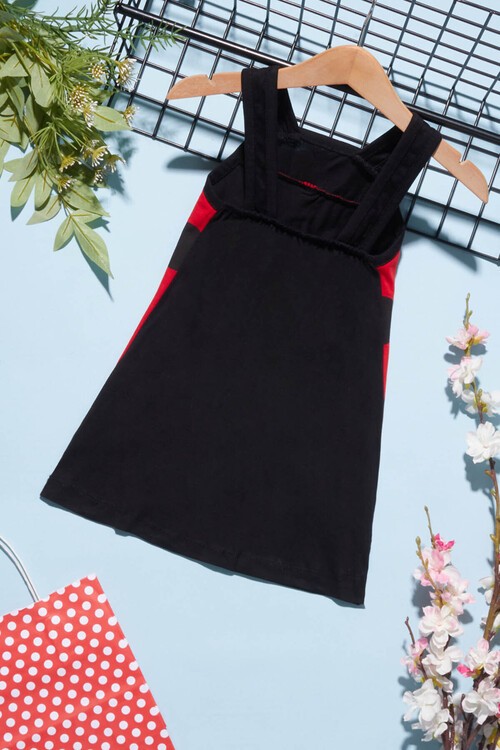 Kız Çocuk Uğur Böceği Detaylı Askılı Elbise 1-4 Yaş 14233