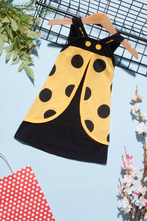 Kız Çocuk Uğur Böceği Detaylı Askılı Elbise 1-4 Yaş 14233