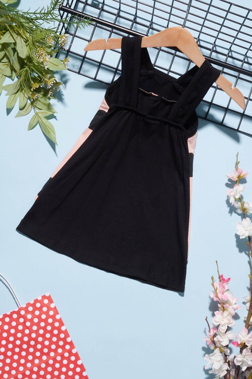 Kız Çocuk Uğur Böceği Detaylı Askılı Elbise 1-4 Yaş 14233