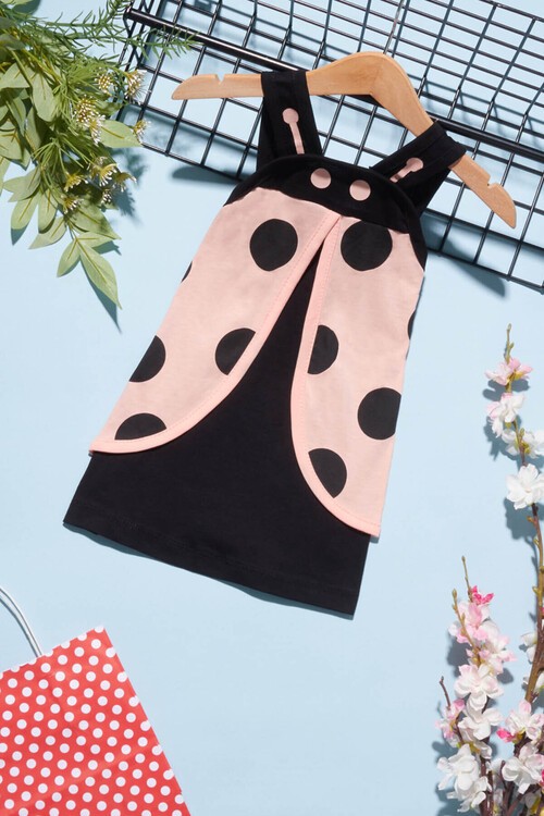 Kız Çocuk Uğur Böceği Detaylı Askılı Elbise 1-4 Yaş 14233