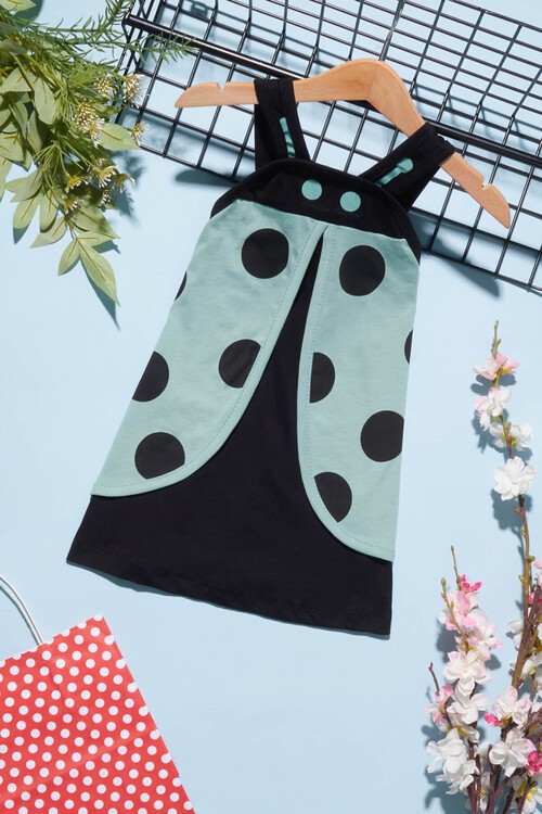 Kız Çocuk Uğur Böceği Detaylı Askılı Elbise 1-4 Yaş 14233