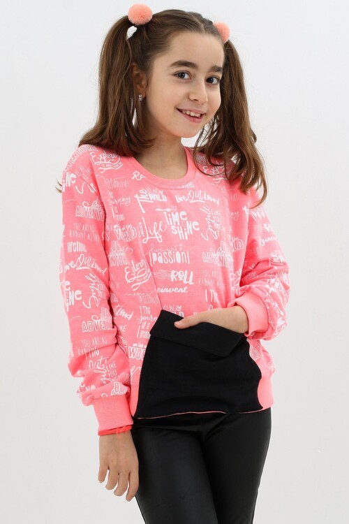 Kız Çocuk Yazı Baskılı Cepli Sweatshirt 9-14 Yaş 14122